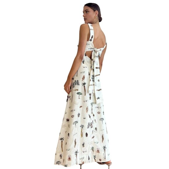 NWT Commense Beach-Themed Linen Blend Maxi Dress~Pockets~Tie-Back Design~Medium - Picture 2 of 8